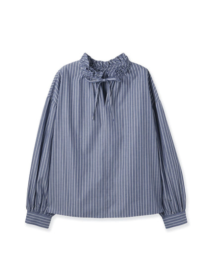 ブロードストライプフリルネックブラウス