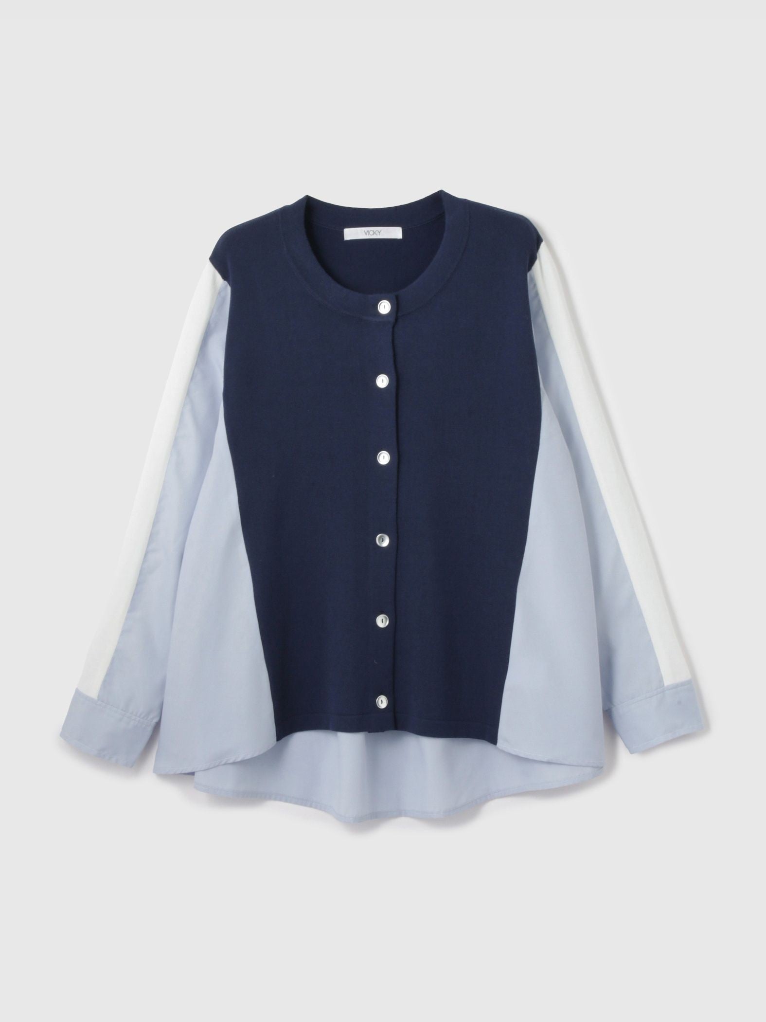 異素材切替クルーネックニットカーディガン