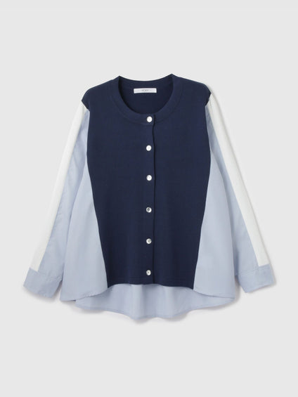 異素材切替クルーネックニットカーディガン