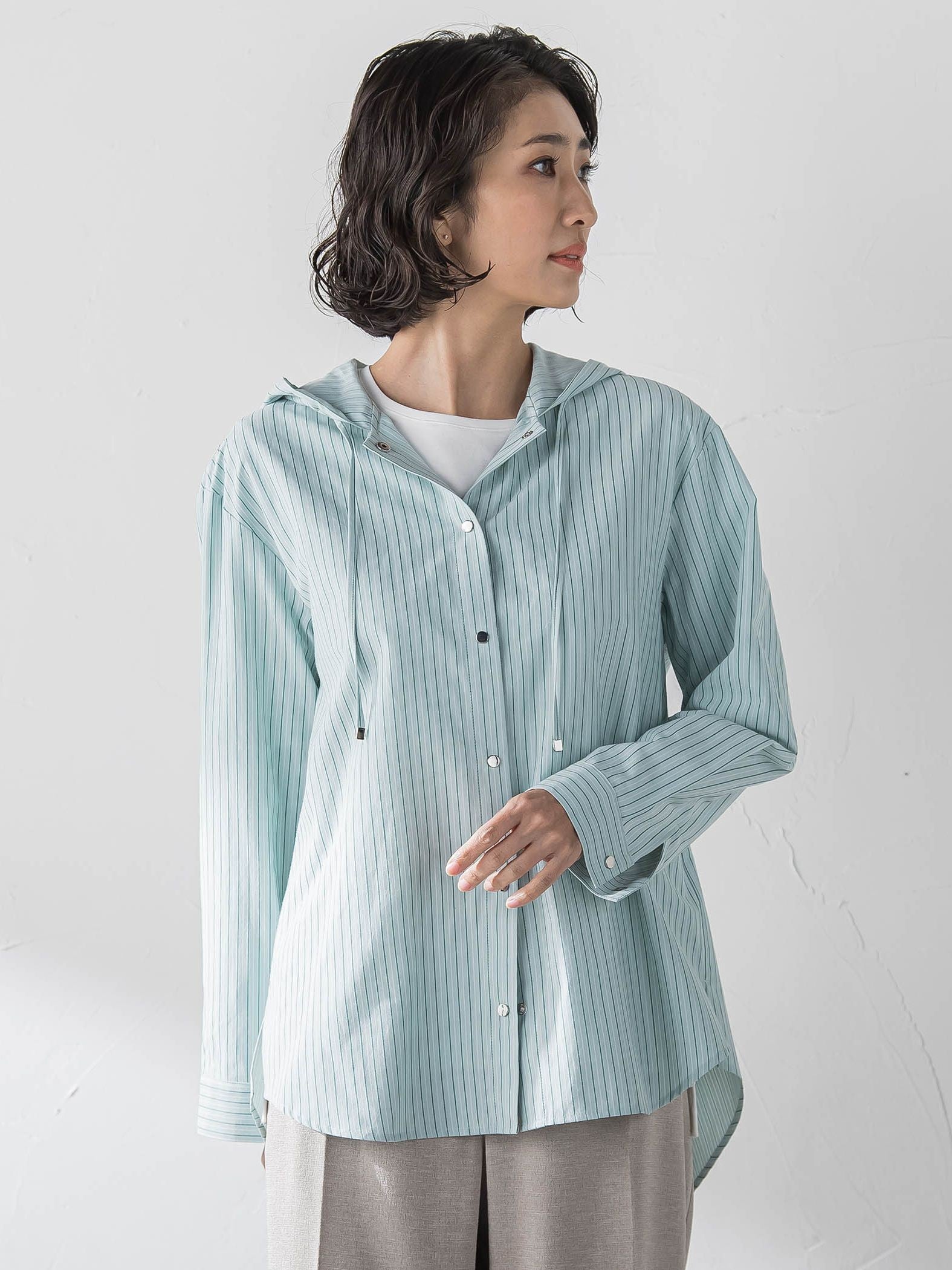 【大きいサイズ】ドビーストライプフードシャツ