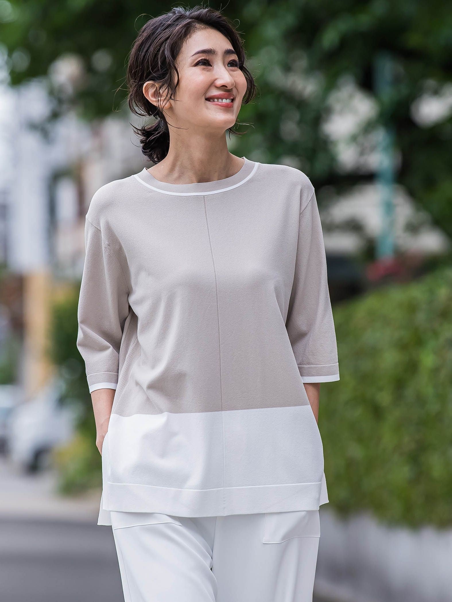 【大きいサイズ】Tシャツ風ニットプルオーバー≪手洗い可能≫