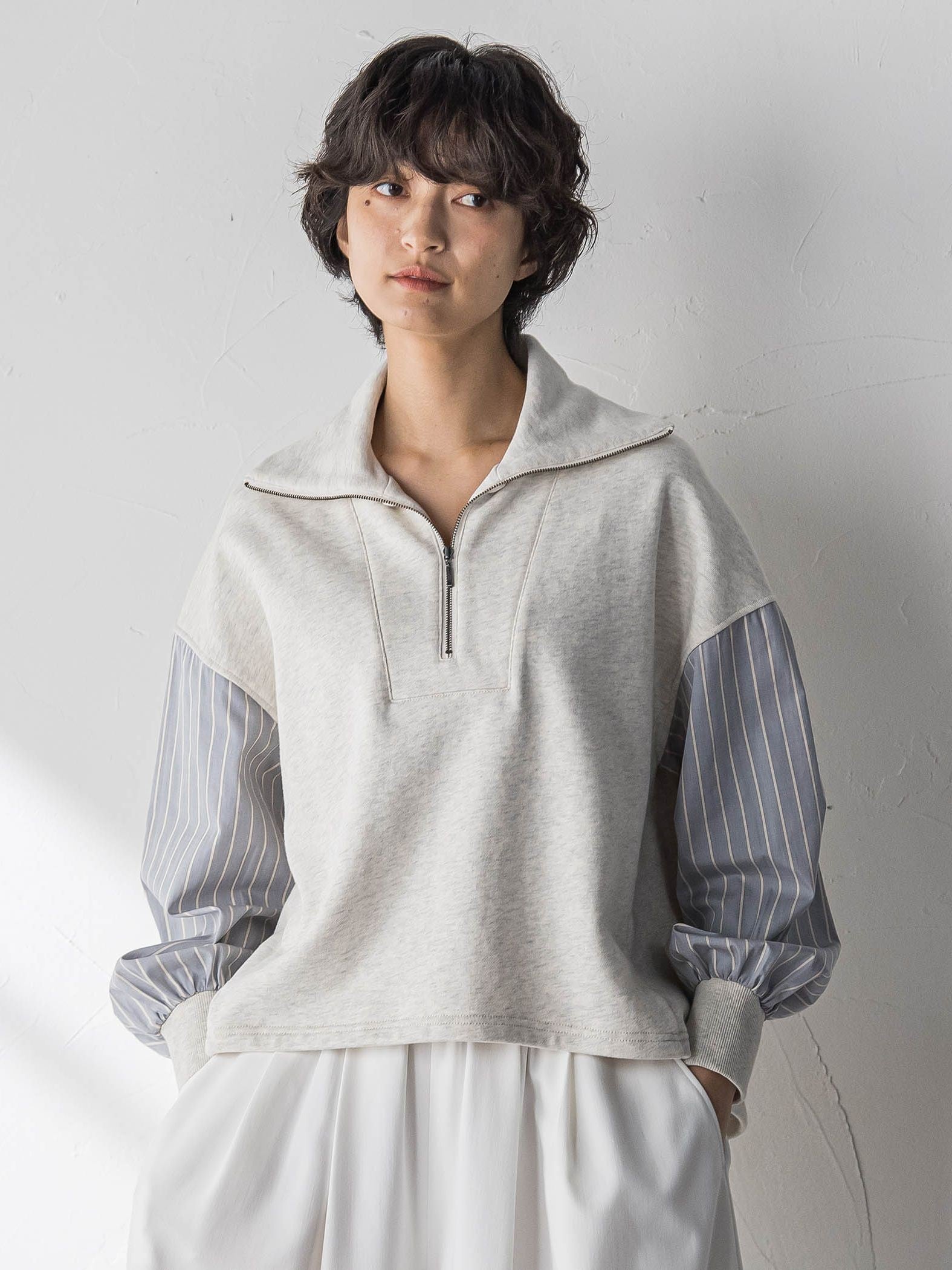 ストライプスリーブハーフジッププルオーバー≪手洗い可能≫