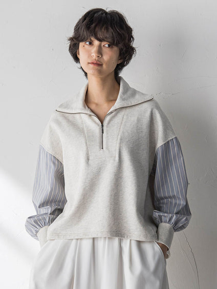 ストライプスリーブハーフジッププルオーバー≪手洗い可能≫