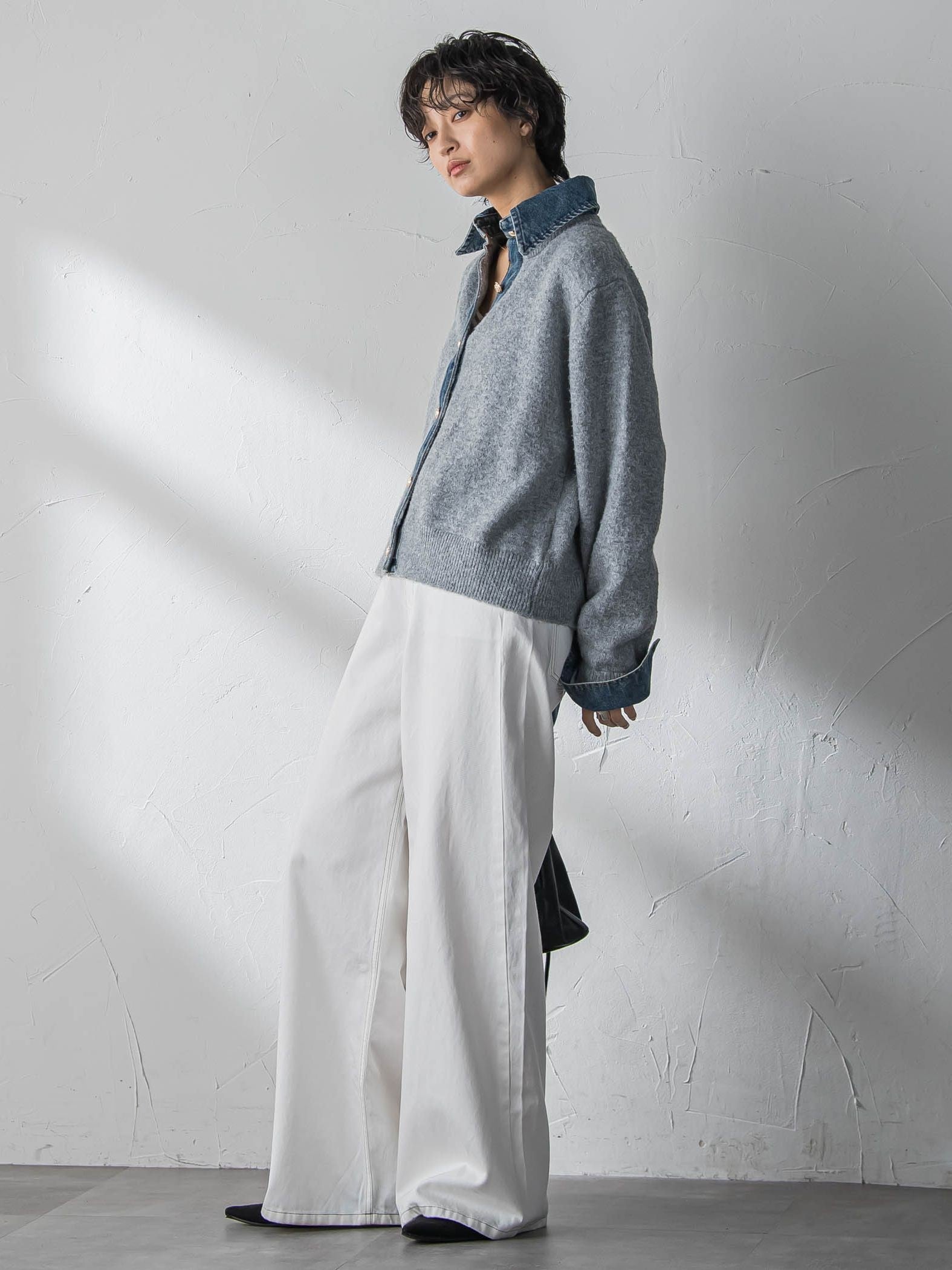 【新色追加】デニムレイヤード風カーディガン≪手洗い可能≫