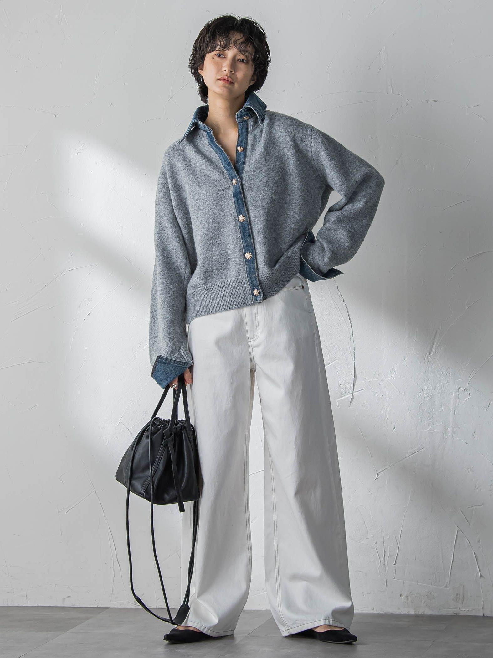 【新色追加】デニムレイヤード風カーディガン≪手洗い可能≫