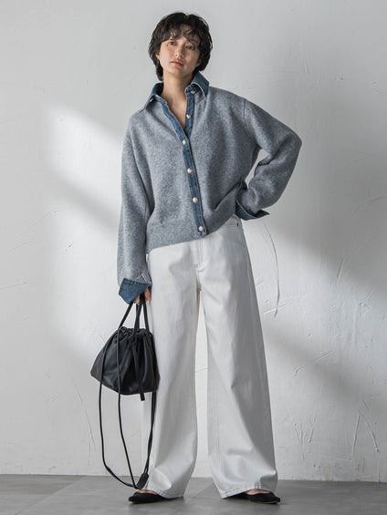 【新色追加】デニムレイヤード風カーディガン≪手洗い可能≫