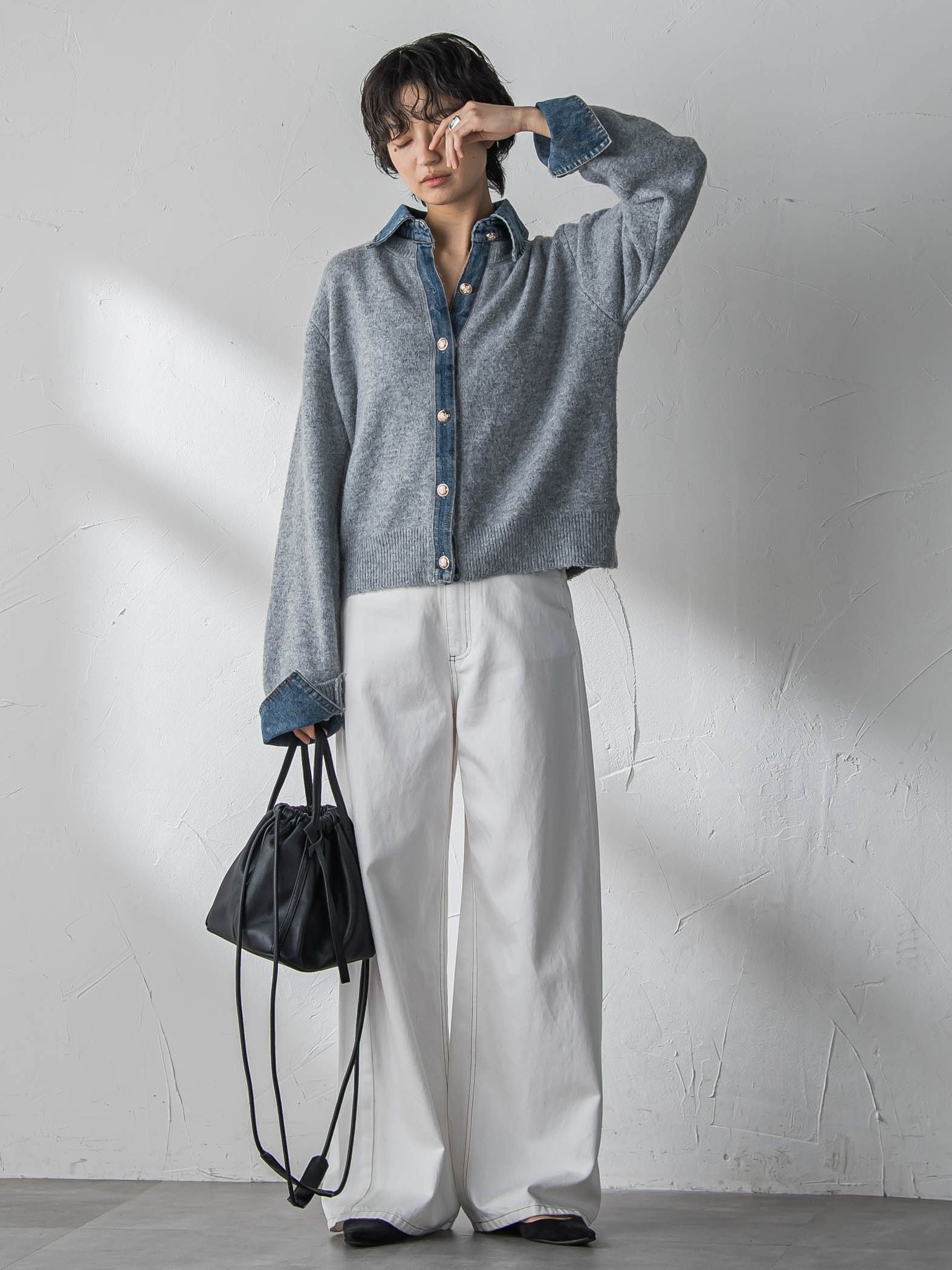 【新色追加】デニムレイヤード風カーディガン≪手洗い可能≫