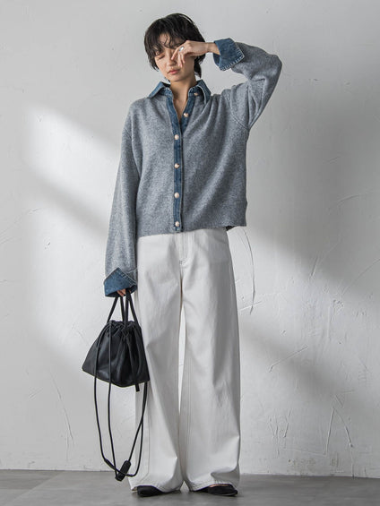 【新色追加】デニムレイヤード風カーディガン≪手洗い可能≫