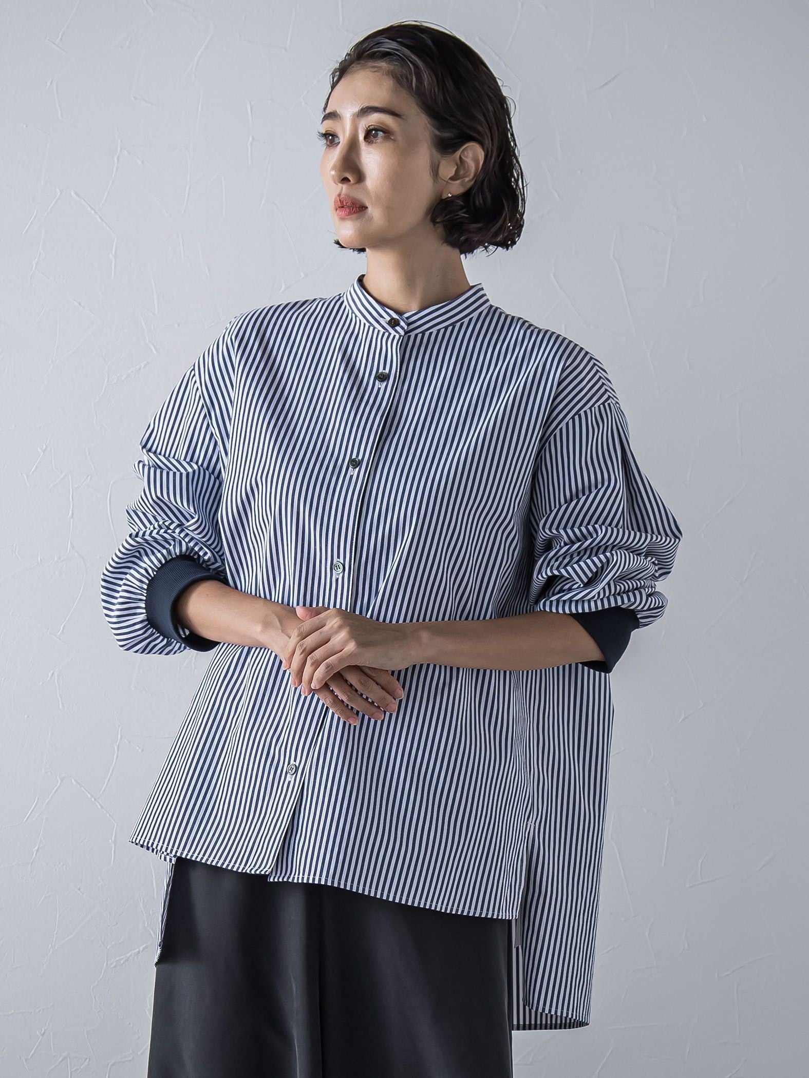 【大きいサイズ】【biyori/極】”こなれ袖がポイント”バンドカラーシャツ