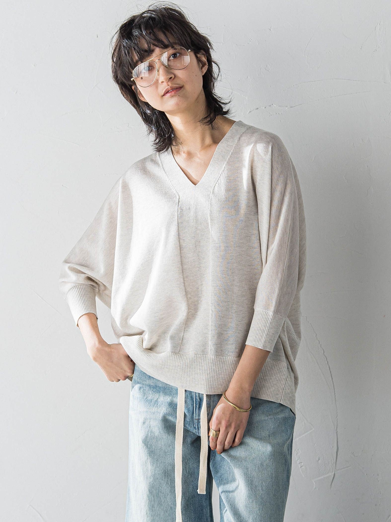 LEVITAシアーVネックドルマンニットプルオーバー≪手洗い可能≫