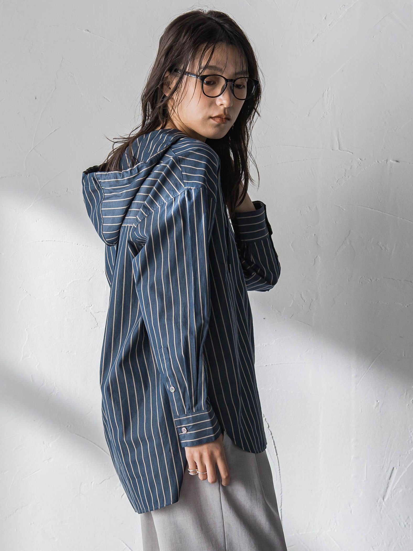 ストライプフーディオーバーシャツ≪手洗い可能≫