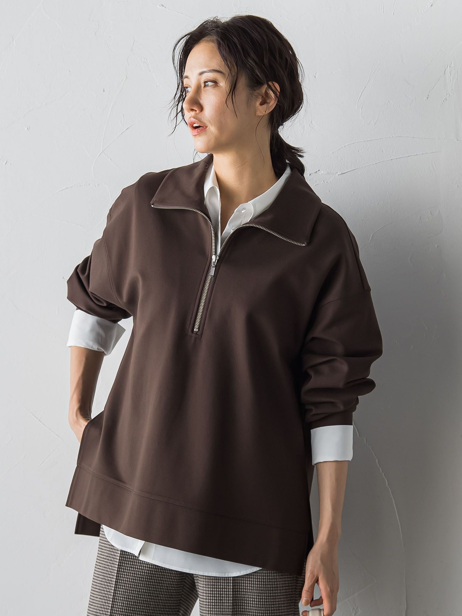 【受注会限定】刺繍あり/裏起毛ハーフジップカットソー≪洗濯機で洗える≫