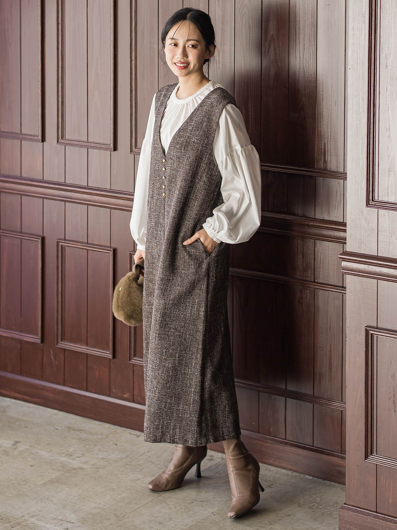 ツィードVネックジャンスカワンピース