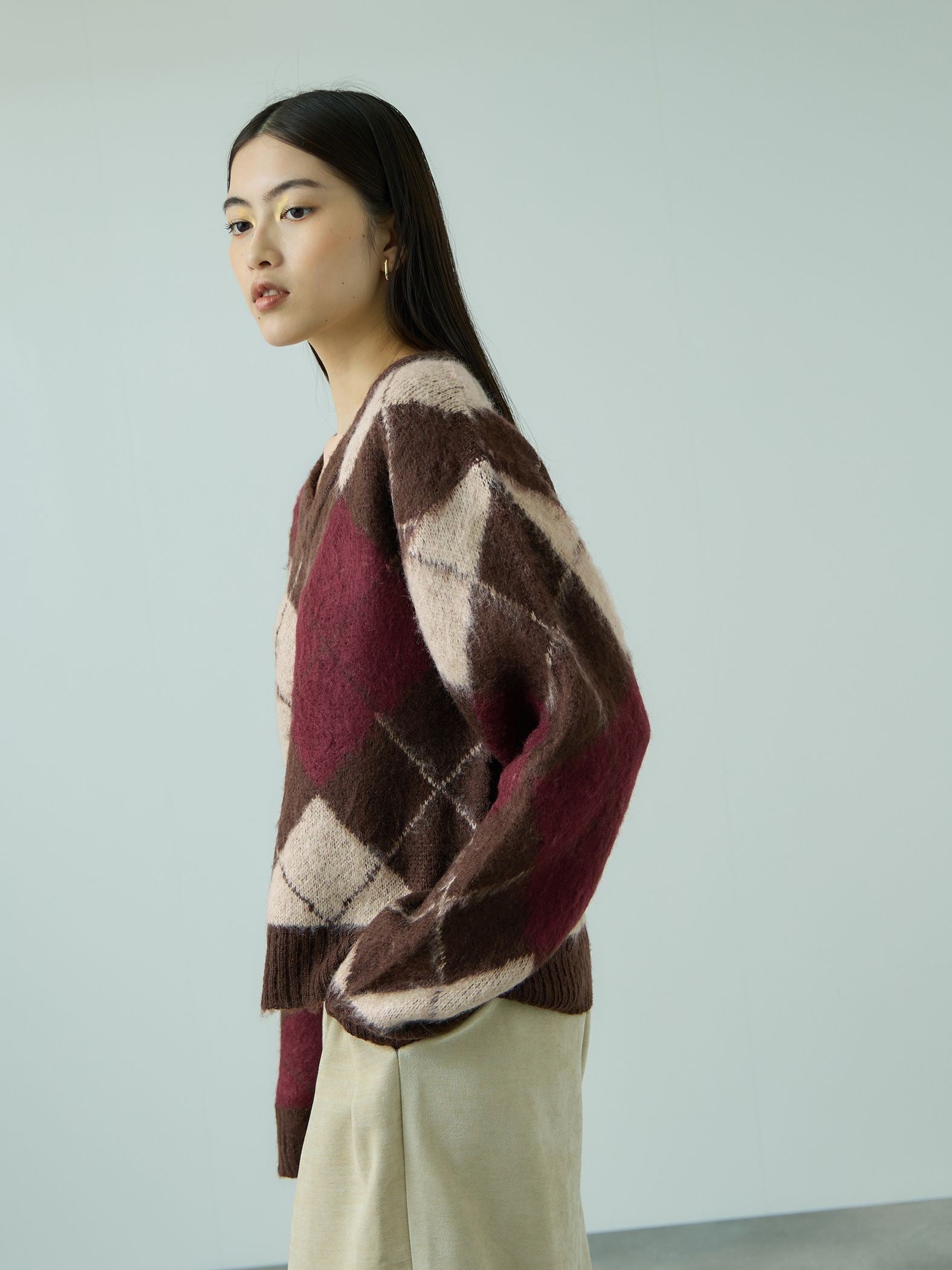 アーガイルVネックニット≪手洗い可能≫