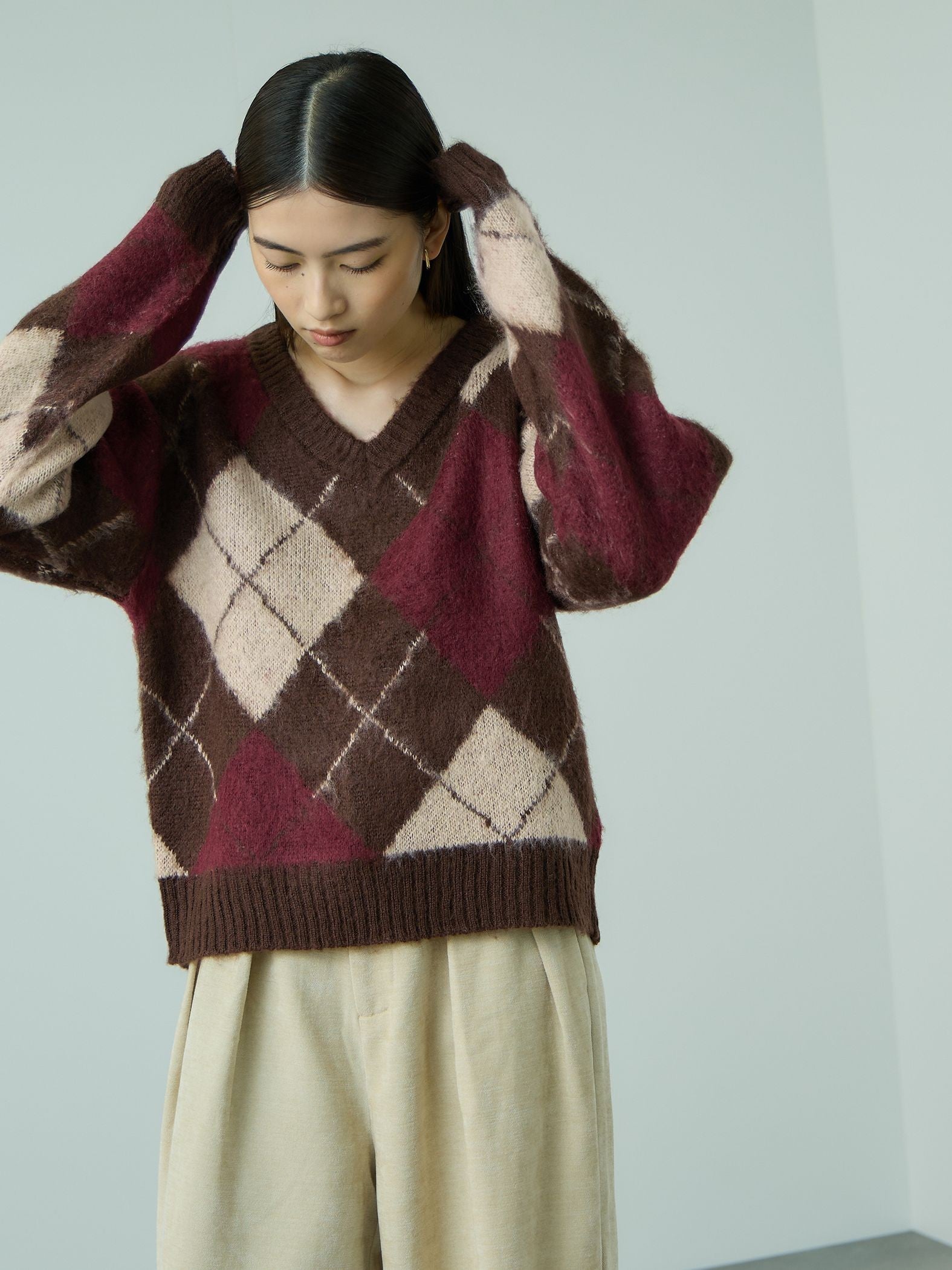 アーガイルVネックニット≪手洗い可能≫