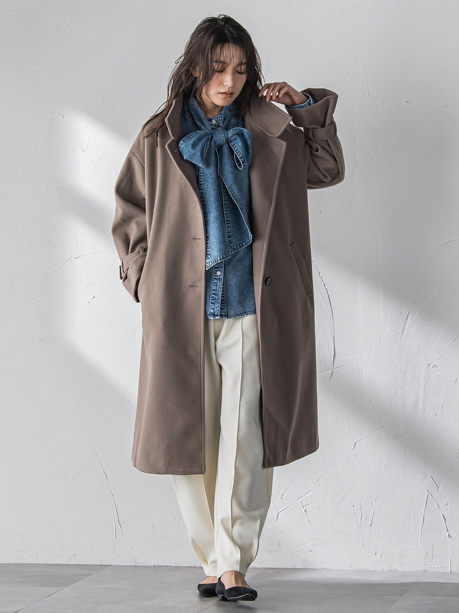 ボウタイ付きデニムシャツ≪洗濯機で洗える≫