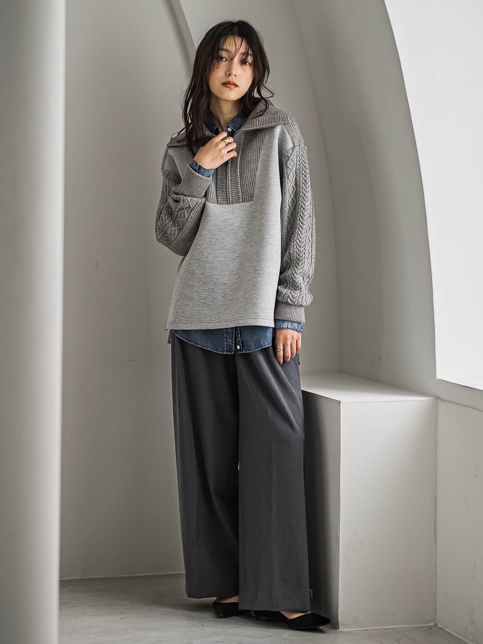 【40周年限定】ケーブルニットスリーブハーフZIPダンボールプルオーバー