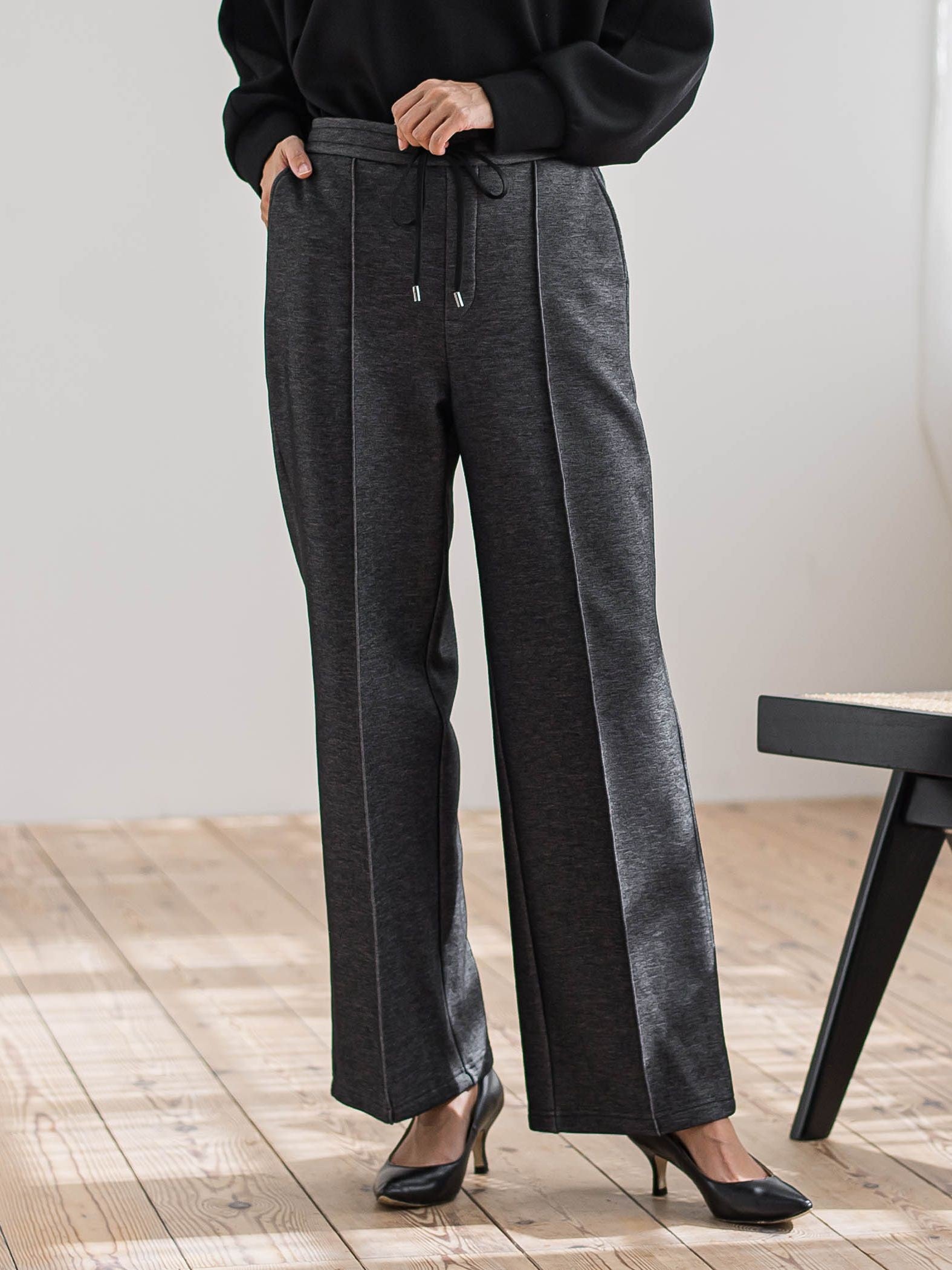 【WEB限定/新色追加】”楽暖”裏起毛ワイドパンツ≪洗濯機で洗える≫