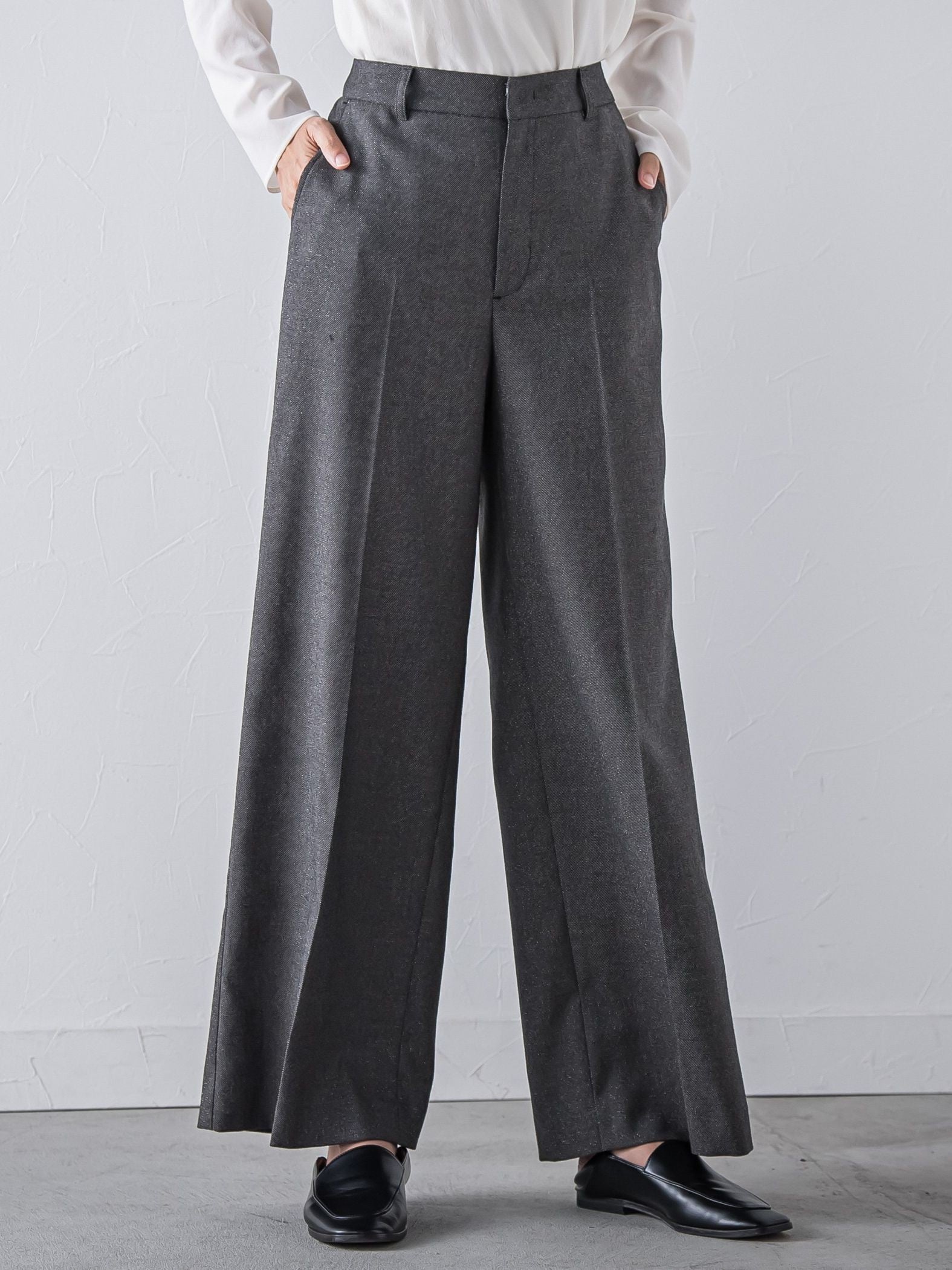 【大きいサイズ】キラメキストレッチワイドパンツ≪洗濯機で洗える≫