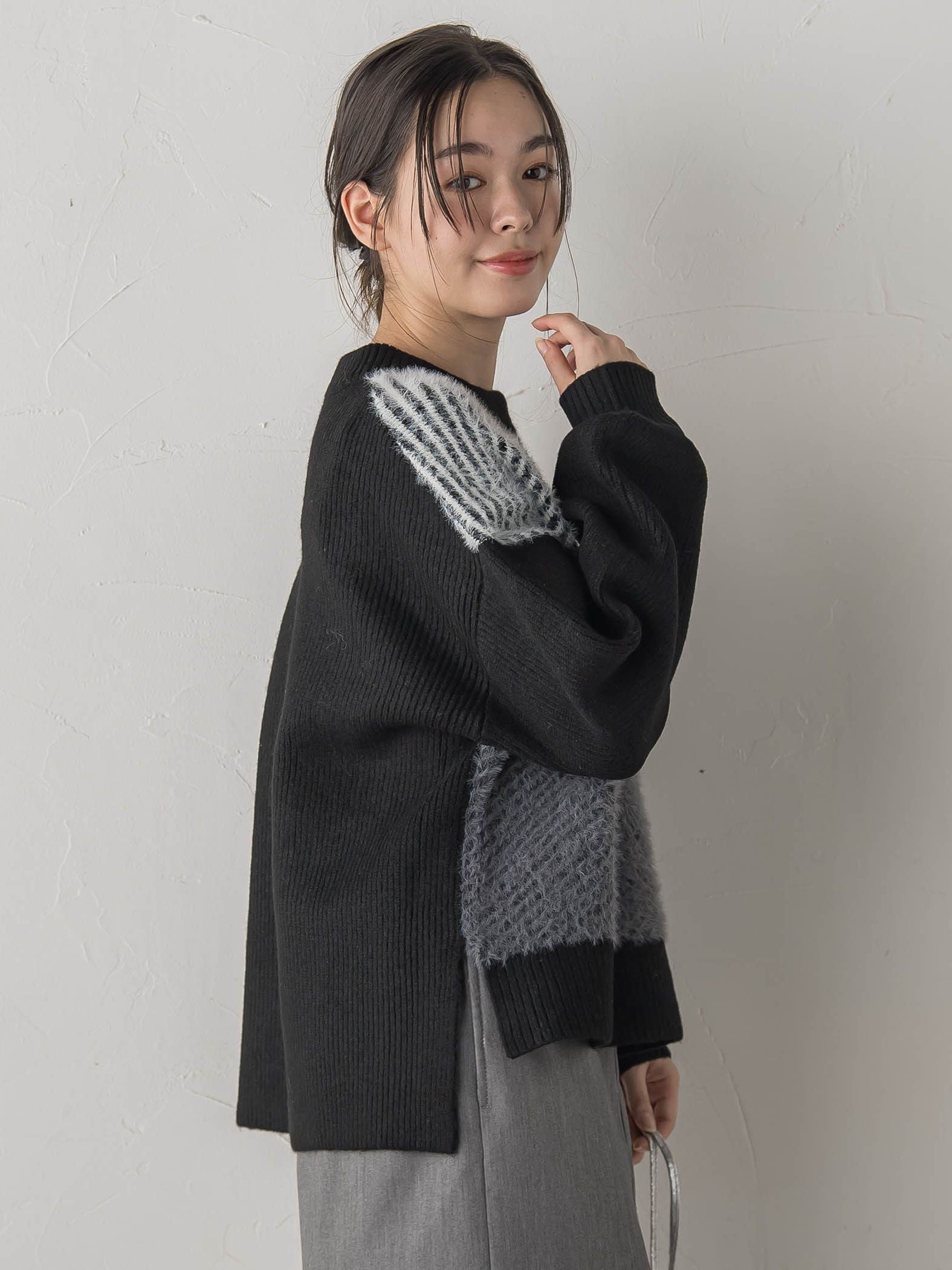 シャギージャガード切替えニット≪手洗い可能≫