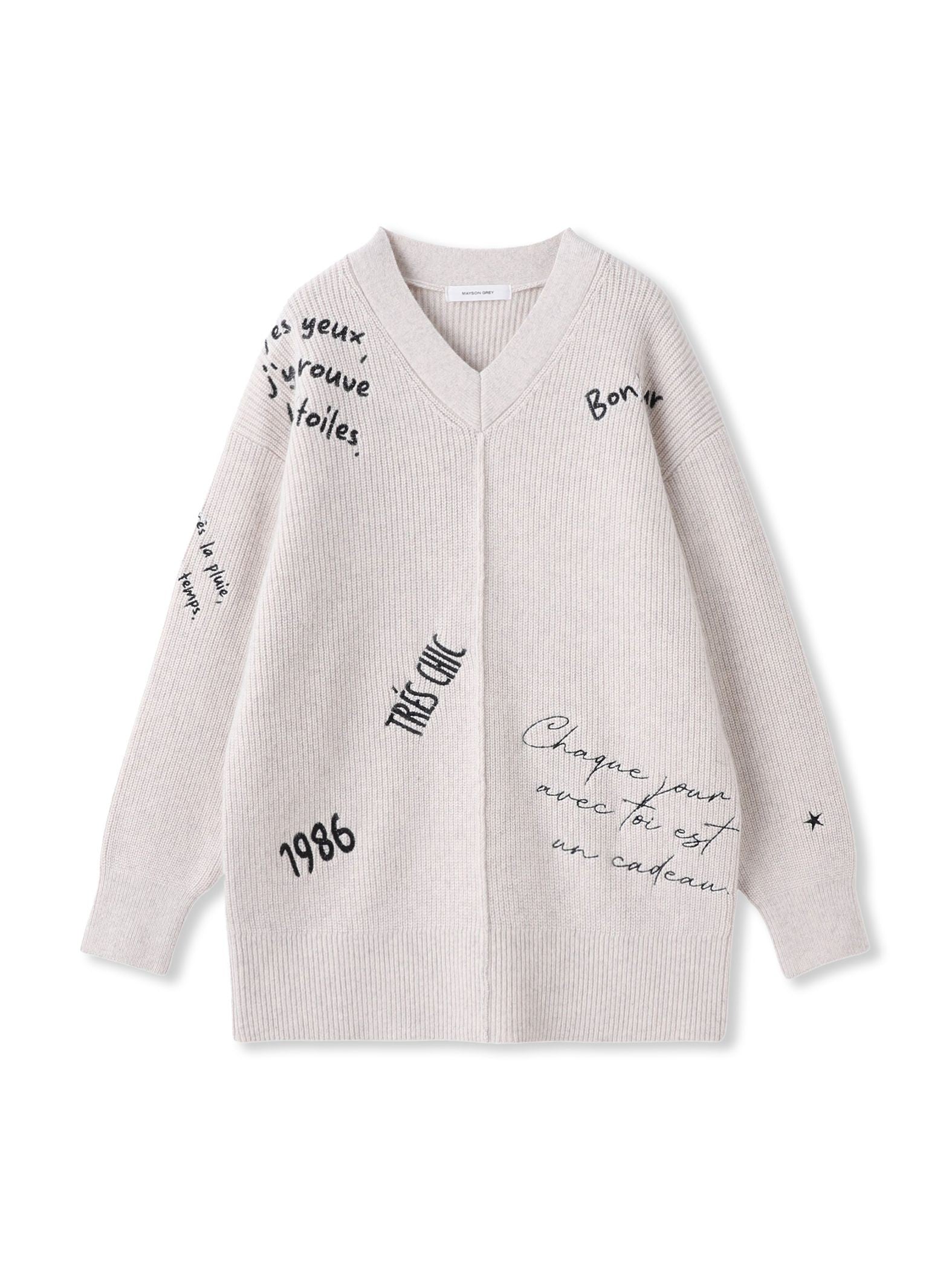 メッセージ刺繍Vネックニットプルオーバー≪手洗い可能≫