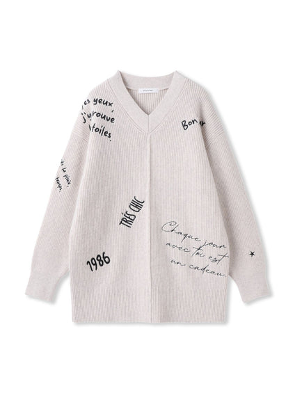 メッセージ刺繍Vネックニットプルオーバー≪手洗い可能≫