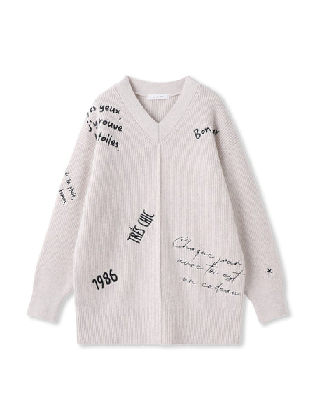 メッセージ刺繍Vネックニットプルオーバー≪手洗い可能≫