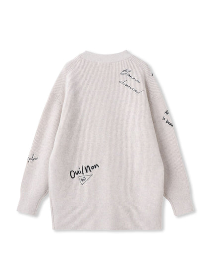 メッセージ刺繍Vネックニットプルオーバー≪手洗い可能≫