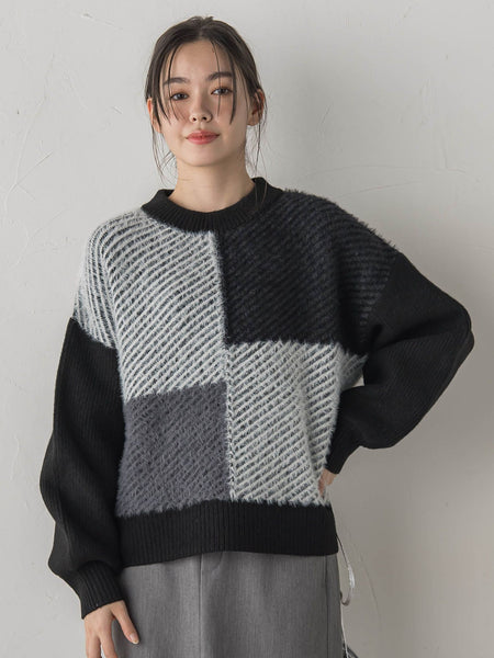 シャギージャガード切替えニット≪手洗い可能≫