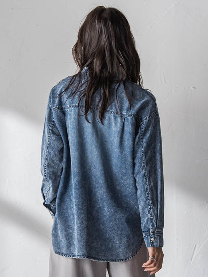 ボウタイ付きデニムシャツ≪洗濯機で洗える≫