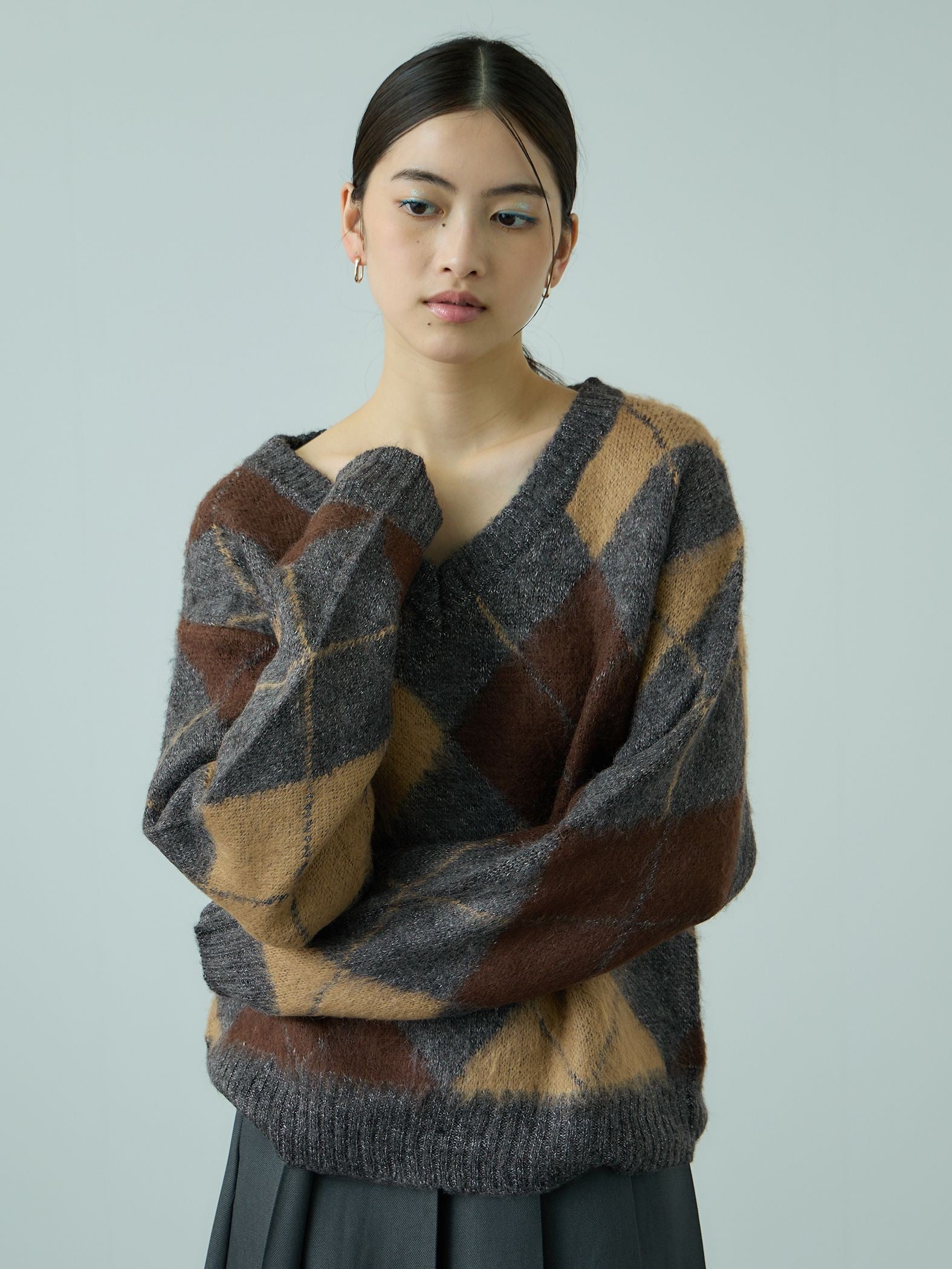 アーガイルVネックニット≪手洗い可能≫