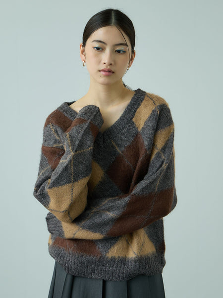 アーガイルVネックニット≪手洗い可能≫