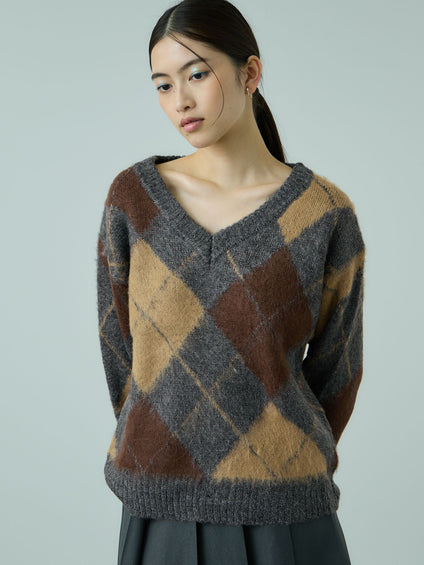アーガイルVネックニット≪手洗い可能≫