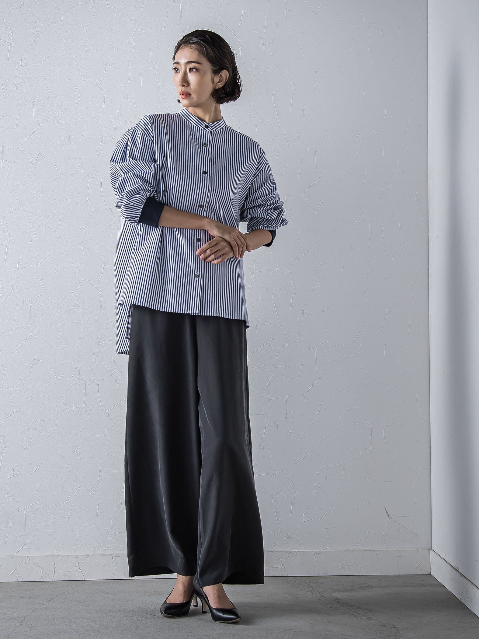 【大きいサイズ】【biyori/極】”こなれ袖がポイント”バンドカラーシャツ