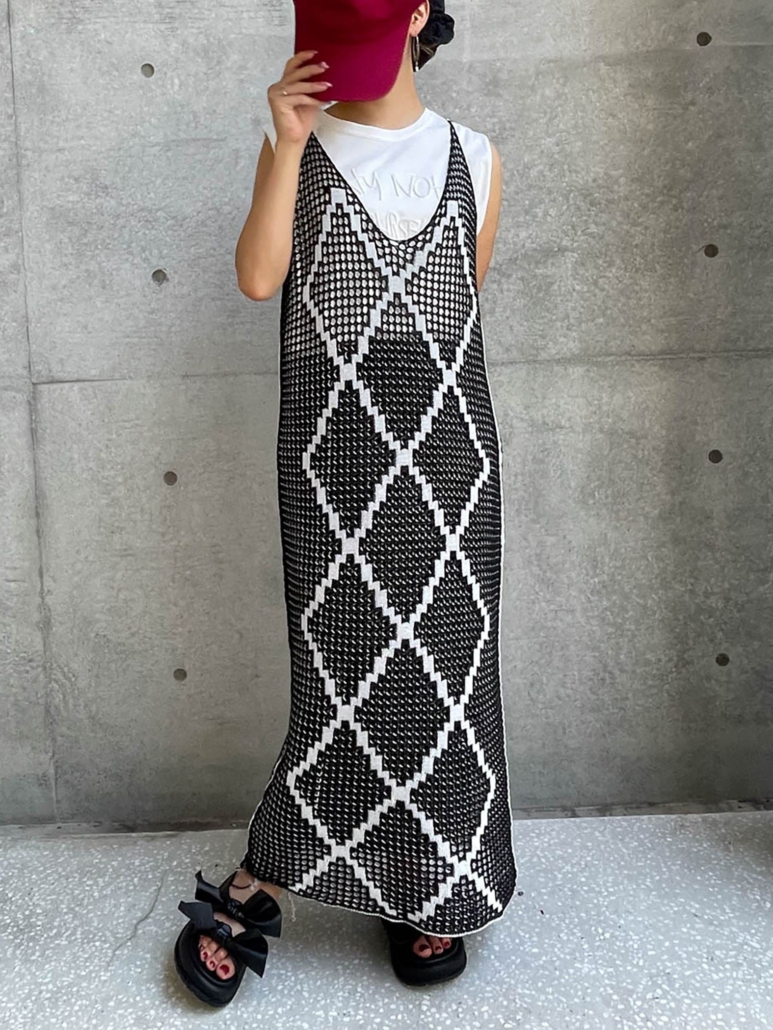 【ENIM BY VICKY】透かし編みニットリバーシブルキャミワンピース《手洗い可能》