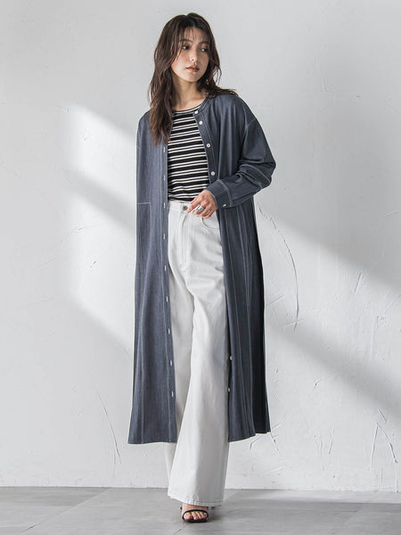 配色ステッチシャンブレーサイドプリーツワンピース≪手洗い可能≫