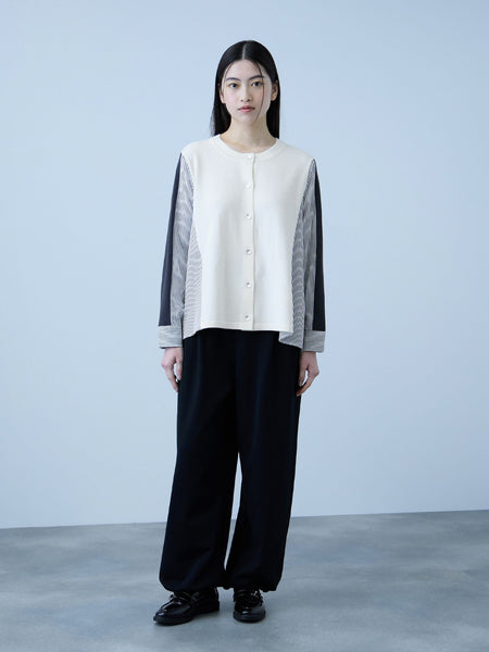 異素材切替クルーネックニットカーディガン