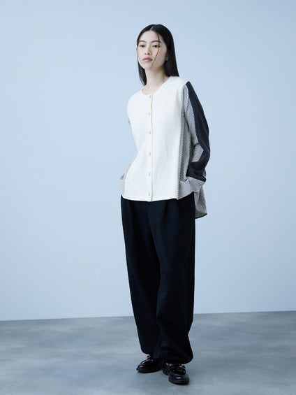 異素材切替クルーネックニットカーディガン