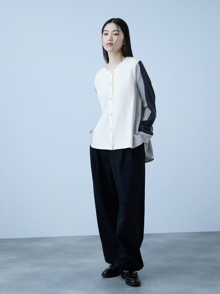 異素材切替クルーネックニットカーディガン