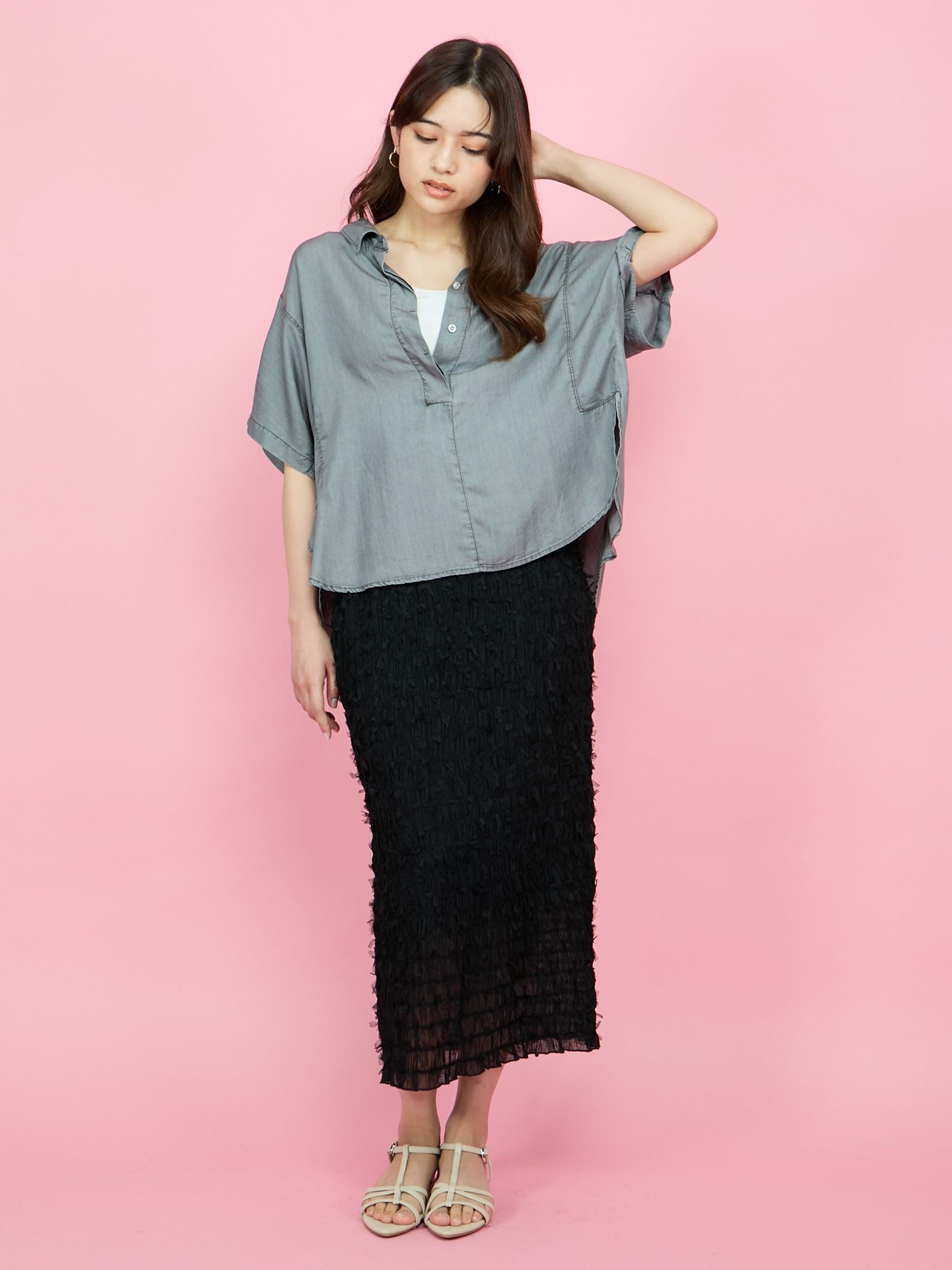 シャーリングシフォンタイトスカート≪手洗い可能≫