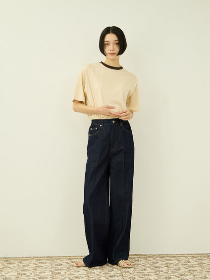 サイドゴムセンタープレス ストレートデニムパンツ
