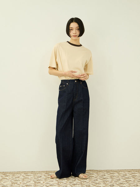 サイドゴムセンタープレス ストレートデニムパンツ