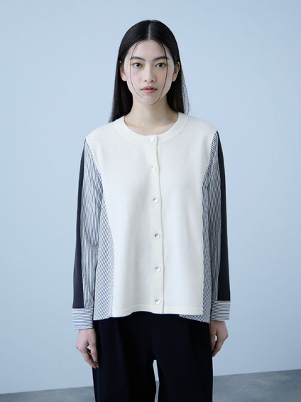 異素材切替クルーネックニットカーディガン