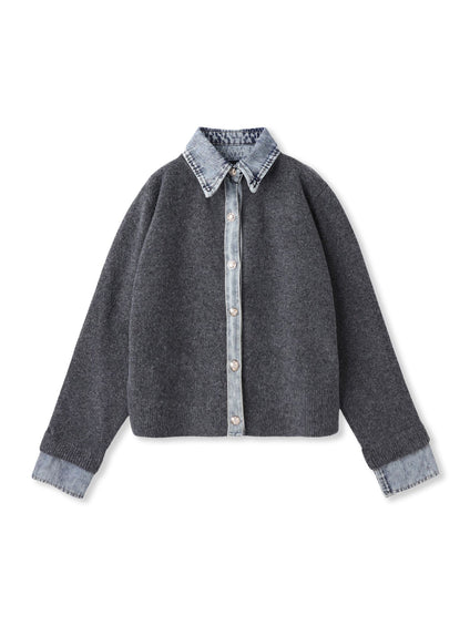 デニムレイヤード風カーディガン≪手洗い可能≫