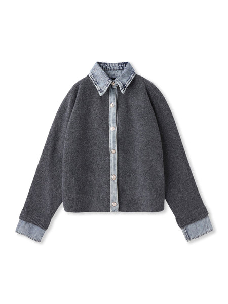 デニムレイヤード風カーディガン≪手洗い可能≫