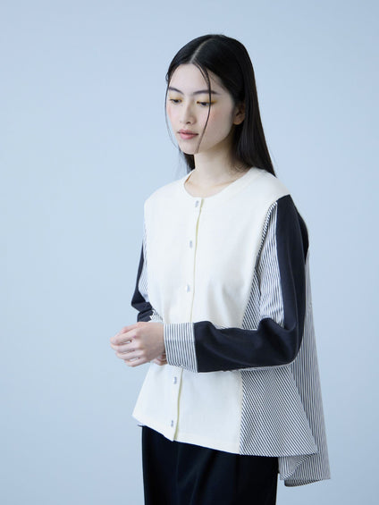 異素材切替クルーネックニットカーディガン