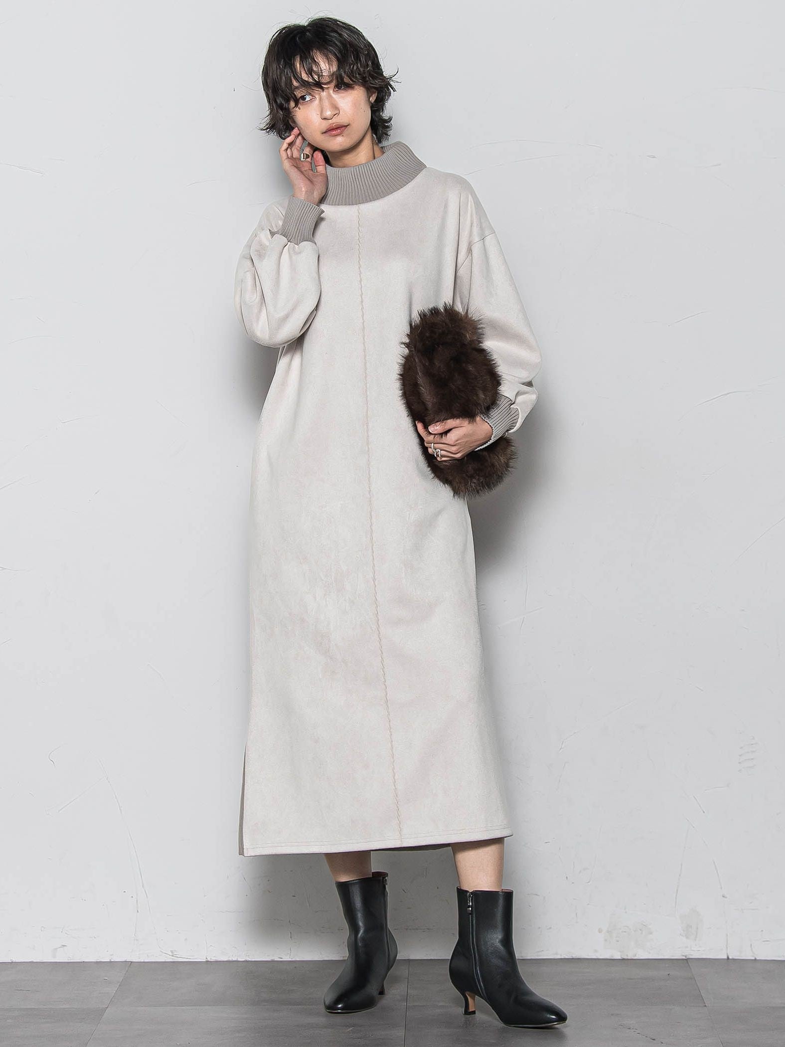 【WEB限定】スウェード×リブモックネックワンピース≪手洗い可能≫