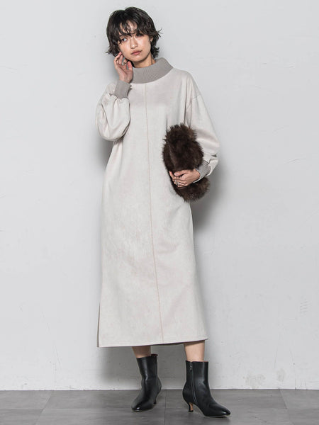 【WEB限定】スウェード×リブモックネックワンピース≪手洗い可能≫