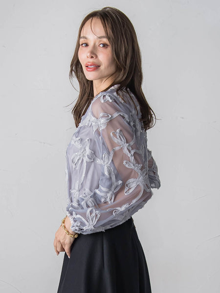 スパンコールテープチュールブラウス