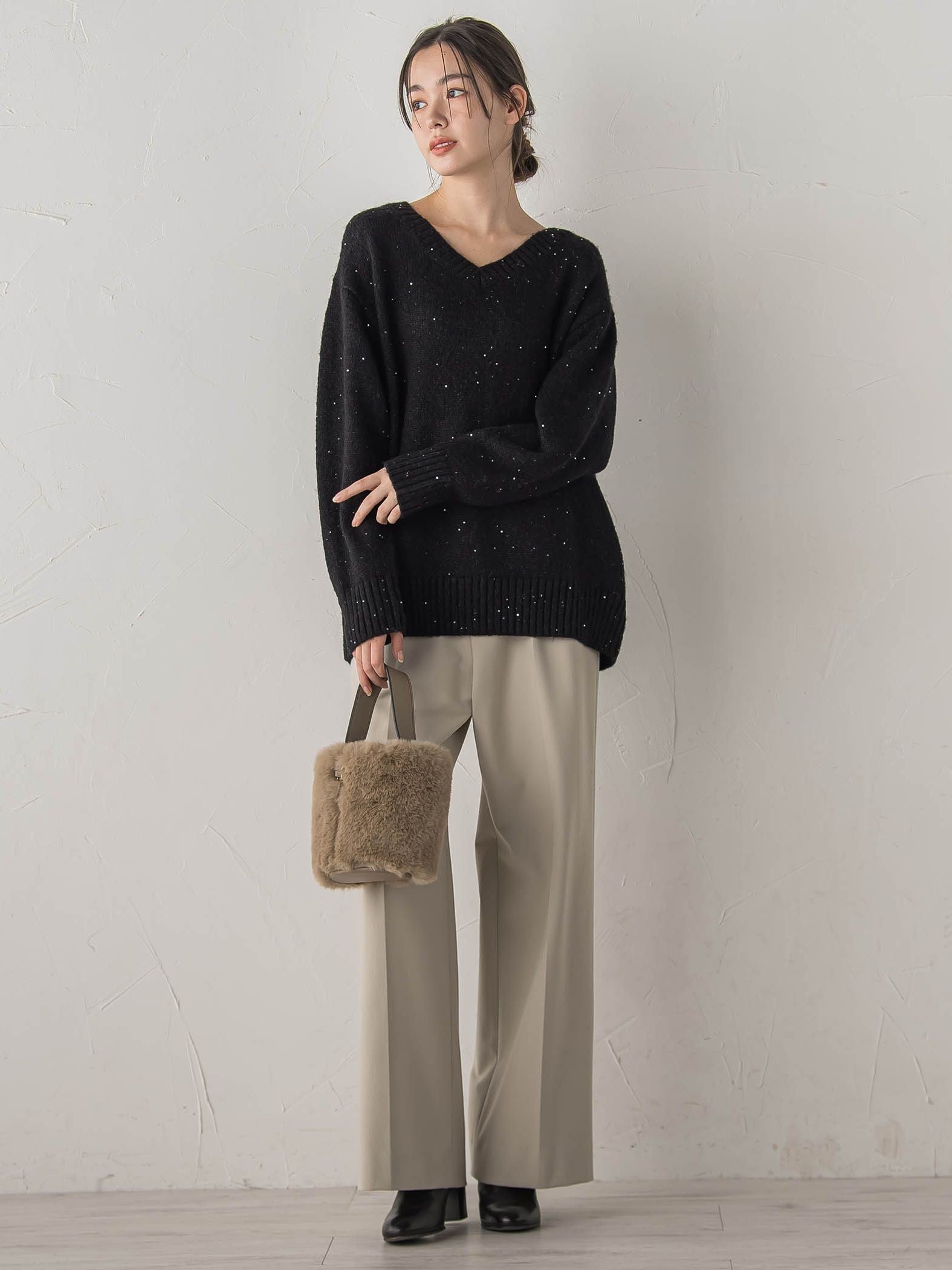 スパンコールVネックニット≪手洗い可能≫
